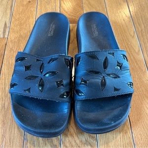 Michael Kors Flat Sandals Black Slides Leather Upper EVA Sole Black Womens Sz 8